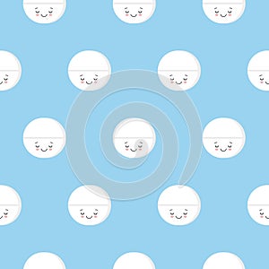 Seamless pattern with cute pills tablet. Simple flat vector illustration on blue background.