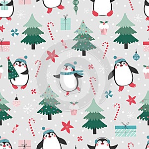 Seamless pattern with cute pinguins and christmas elements photo