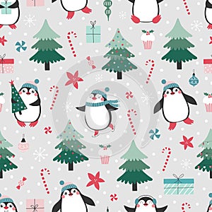 Seamless pattern with cute pinguins and christmas elements