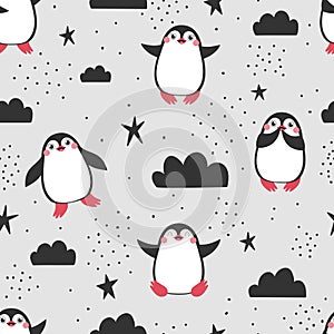 Seamless pattern with cute pinguins with clouds and stars on grey background. photo