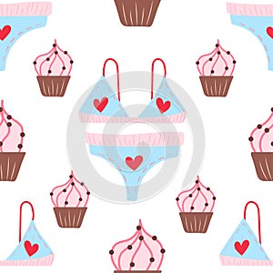 Seamless pattern with cute pink cupcacke and underwear with herts. Cute food illustration for packaging and gifts, holidays