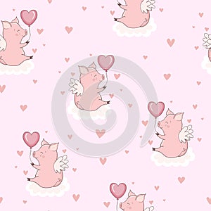 Seamless pattern with cute pink cupid pigs on the clouds. Valentine day