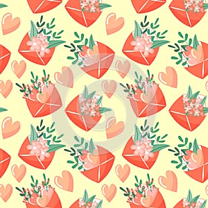 Seamless pattern, cute pink envelopes with hearts, flowers and branches with leaves on a gentle background.