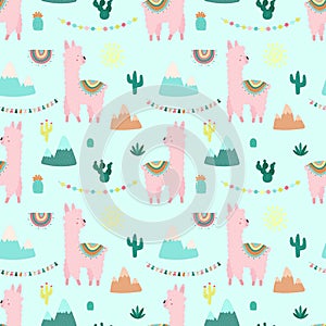 Seamless pattern of cute pink llamas or alpacas, mountains, cacti, garland, sun on a blue background. Image for children, room, te