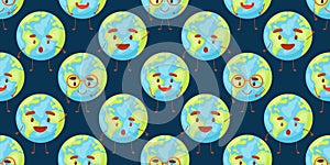 Seamless pattern with cute planet Earth characters with face. Kawaii globe. Funny celestial body. Hands hold our planet.