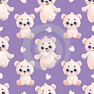 Seamless pattern with cute polar bear animal on purple background with hearts. Vector illustration in cartoon style