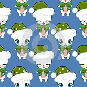 Seamless Pattern of Cute Polar Bears in Green Christmas Hats Decorated With White Stars Wearing Green Bow Ties