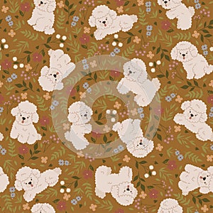 Seamless pattern with cute poodles and flowers. Vector graphics