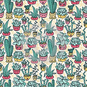 Seamless pattern of cute potted plants with funny cartoon faces