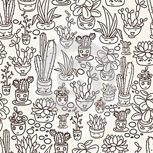 Seamless pattern of cute potted plants with funny cartoon faces