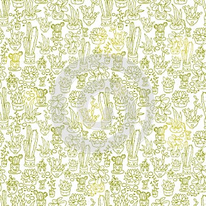 Seamless pattern of cute potted plants with funny cartoon faces