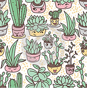 Seamless pattern of cute potted plants with funny cartoon faces
