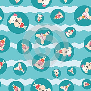 Seamless pattern of cute puppies dogs on vacation enjoying summer time on a pool.