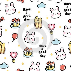 Seamless pattern of cute rabbit face with various tiny icon on white background.Bread