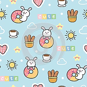 Seamless pattern of cute rabbit stay with donut on blue background.Sky wallpaper