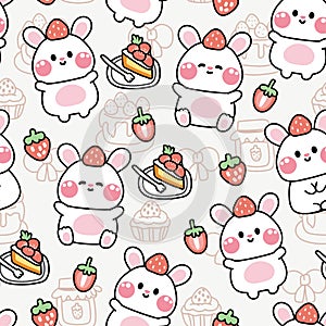 Seamless pattern of cute rabbit with strawberry cake background.Rodent animal