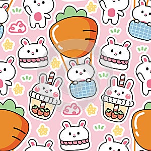 Seamless pattern of cute rabbit in various character cartoon background.Bunny