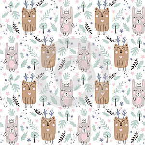 Seamless pattern with cute rabbits and deer. Forest animals. Cartoon background for Kids. Hand drawn vector