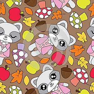 Seamless pattern with cute raccoon girls, apple, mushroom, and maple leaves