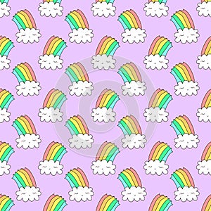 Seamless pattern with cute rainbow cloud on a pink background.