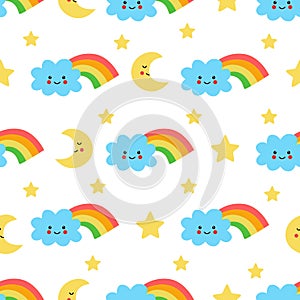 Seamless pattern with cute rainbow clouds and crescents.