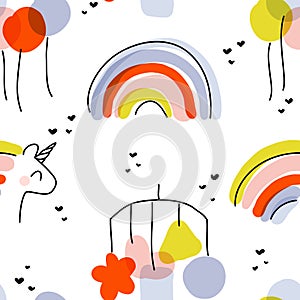 Seamless pattern with cute rainbow, unicorn, balloons and bed bell toy. Playful vector design for funny wallpaper