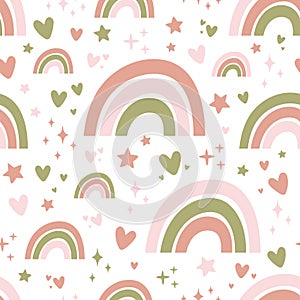 Seamless pattern with cute rainbows, stars and hearts.