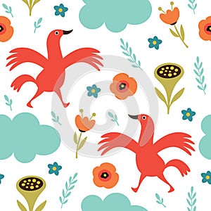 Seamless pattern with cute red birds and flowers and branches. Fabric pattern, kids apparel print, wrapping gift paper