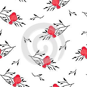 Seamless pattern with cute red watercolor birds