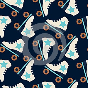 Seamless pattern with cute retro roller skates. Vintage texture for kids textile, wrapping paper. Cartoon style dark
