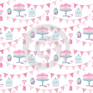 Seamless pattern cute, romantic with cakes, birds, bows, hearts and triangular flags.