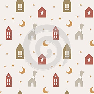 Seamless pattern with cute scandinavian houses, moon and stars.