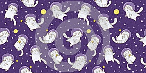 Seamless pattern with cute scottishfold cats astronauts on starry space