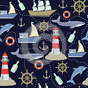 Seamless pattern with cute sea elements . Vector illustration.