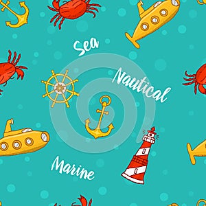 Seamless pattern with cute sea life. ocean and blue sea. nature, wildlife. engraved hand drawn. mammal marine. anchor