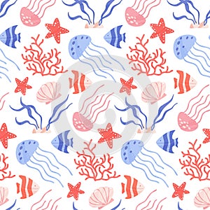 Seamless pattern with cute sea and ocean animals, corals and shells. Vector cartoon illustration with sea creatures