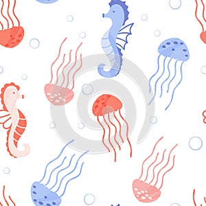 Seamless pattern with cute sea and ocean animals. Vector cartoon illustration with sea creatures - jellyfish and seahorse