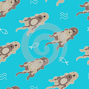 Seamless pattern with cute sea otter with yuong on the belly. Designed for children textile etc