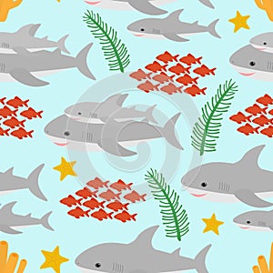 Seamless pattern cute shark and sea elements algae corals seashell fish starfish vector illustration