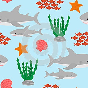 Seamless pattern cute shark and sea elements algae corals seashell fish starfish vector illustration