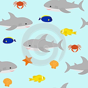 Seamless pattern cute shark and sea elements crab seashell fish starfish vector illustration