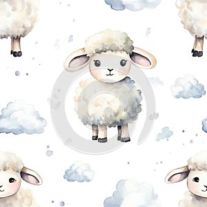 Seamless pattern with cute sheep and clouds isolated on white background. Watercolor illustration