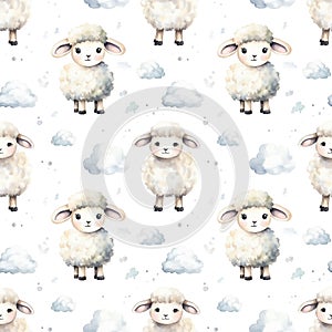 Seamless pattern with cute sheep and clouds isolated on white background. Watercolor illustration