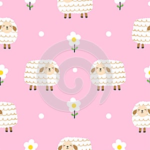 Seamless pattern with cute sheep, daisy floral for your fabric, children textile