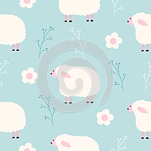 Seamless pattern with cute sheep and a flower for your fabric