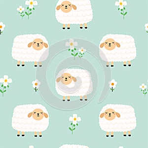 Seamless pattern with cute sheep and flowers for your fabric,