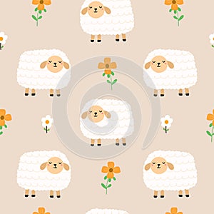 Seamless pattern with cute sheep and flowers for your fabric, children textile