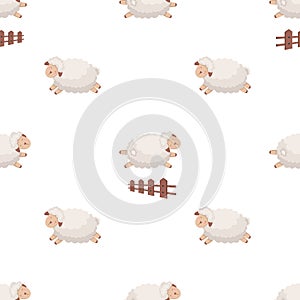Seamless pattern with cute sheep jumping over a fence.