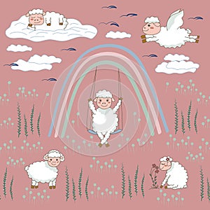 Seamless pattern with cute sheep, rainbow, clouds on lawn