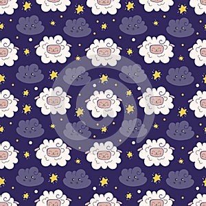 Seamless pattern with cute sheeps and clouds